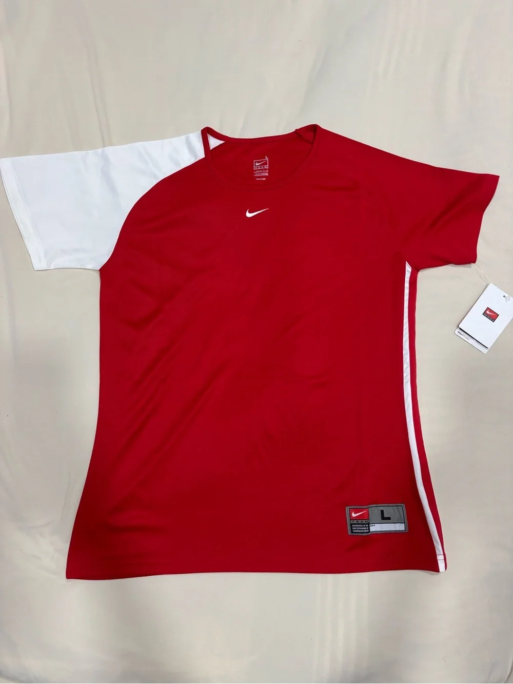 Nike women’s Red Athletic Crew Tee with White Sleeve Detail